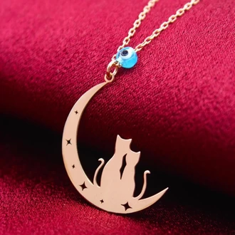 14K Altın Kaplama / Gümüş Ay ve Kedi Figürlü Kolye – Nazar Boncuklu