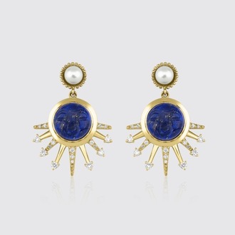8 Ayar Altın Ay Yüzlü Lapis Lazuli, Pırlanta ve İnci Detaylı Küpe - Luna Kiss Koleksiyonu