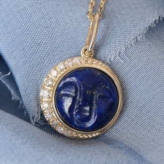 8 Ayar Altın Ay Yüzlü Lapis Lazuli ve Pırlanta Taşlı Kolye – Luna Kiss Koleksiyonu