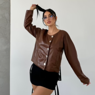 Kahverengi Çift Göğüslü Deri Ceket