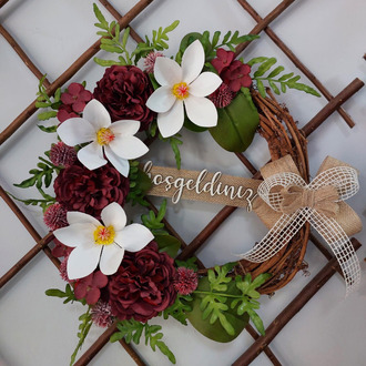 Bordo Şakayık Manolya Temalı Kapı Süsü 30 cm