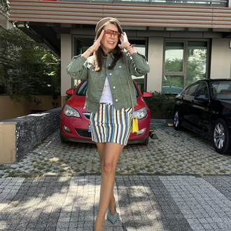Cizgili İnce Denim Etek