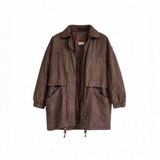 Vintage L-XL Eskitme Kahverengi Deri Parka / Mont - Büzgü Detaylı