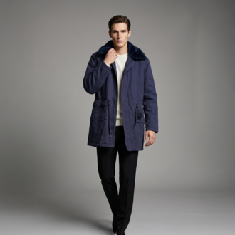 Vintage Kapüşonlu Kürk Yakalı Parka – Lacivert