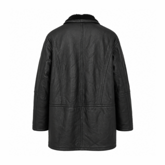 Vintage Siyah Deri Shearling Mont - Kürklü İçi L-XL Oversize Uyum