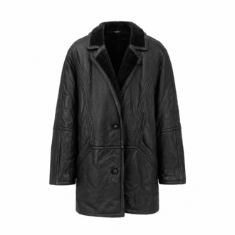 Vintage Siyah Deri Shearling Mont - Kürklü İçi L-XL Oversize Uyum