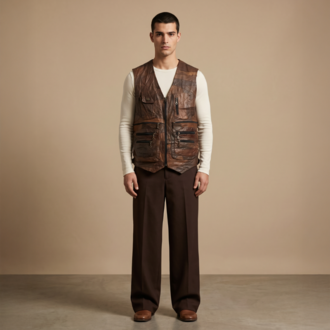 Vintage Hakiki Deri Patchwork Yelek - Çok Cepli Safari/Motorcu Tarzı (M-L Uyumlu)