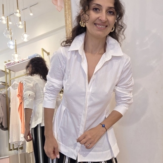 Kadın, Peplum Bel Detaylı, Pamuk Kumaş, Beyaz Gömlek
