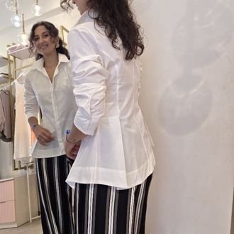 Kadın, Peplum Bel Detaylı, Pamuk Kumaş, Beyaz Gömlek