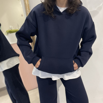 Kadın, Kapüşonlu, Kanguru Cepli, 3 İplik Şardonlu Sweatshirt Lacivert