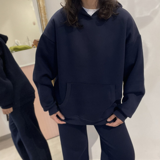 Kadın, Kapüşonlu, Kanguru Cepli, 3 İplik Şardonlu Sweatshirt Lacivert