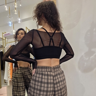 Kadın, Siyah Transparan Tül Detaylı, Çapraz Askılı, Parmak Geçirmeli, Crop Üst