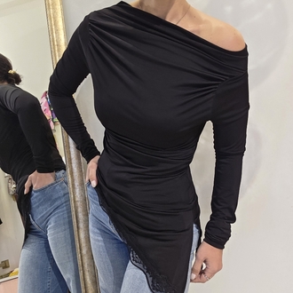 Kadın, Alternatif Yaka Kullanımlı, Asimetrik Kesim, Dantelli, Siyah Bluz