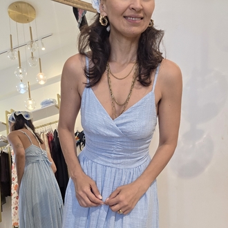 Kadın, Ayarlanabilir Askılı, Belden Kuşaklı, Astarlı, Müslin Kumaş, Bebe Mavisi Midi Elbise