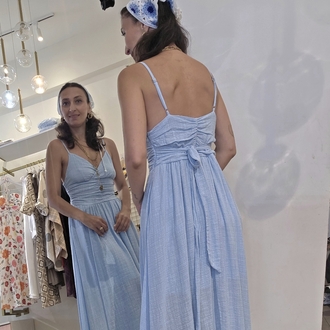 Kadın, Ayarlanabilir Askılı, Belden Kuşaklı, Astarlı, Müslin Kumaş, Bebe Mavisi Midi Elbise
