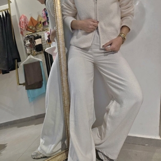 Kadın, Beli Lastikli, Palazzo Kışlık Kumaş Pantolon Ekru