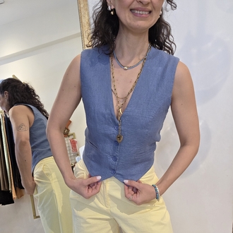 Kadın, Astarlı, Düğmeli, Keten Yelek, Mavi