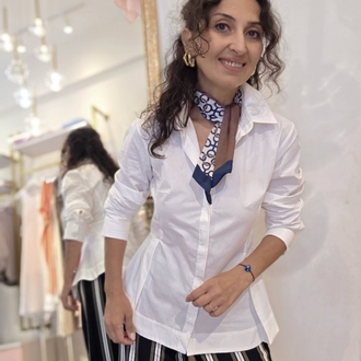Kadın, Peplum Bel Detaylı, Pamuk Kumaş, Beyaz Gömlek