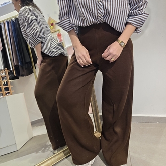 Kadın, Lastikli Yüksek Bel, Bol Paça, Kahverengi Triko Pantolon