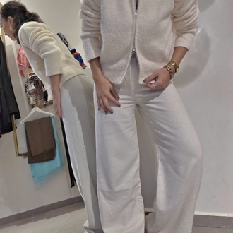 Kadın, Beli Lastikli, Palazzo Kışlık Kumaş Pantolon Ekru