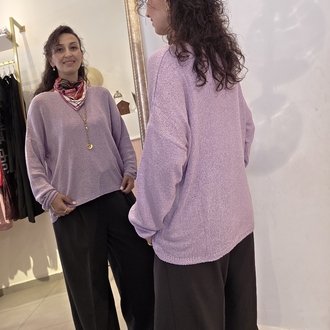 Kadın, Geniş Bisiklet Yaka, Uzun Kollu, Lila Merserize Triko Bluz