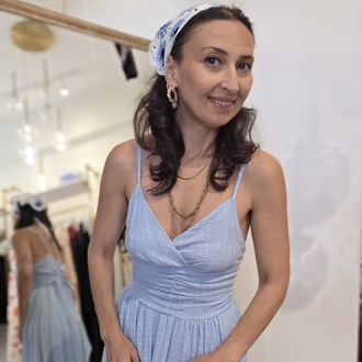 Kadın, Ayarlanabilir Askılı, Belden Kuşaklı, Astarlı, Müslin Kumaş, Bebe Mavisi Midi Elbise