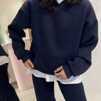 Kadın, Kapüşonlu, Kanguru Cepli, 3 İplik Şardonlu Sweatshirt Lacivert
