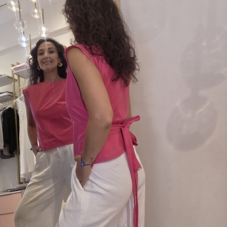 Kadın, Çok Yönlü Bağlama Detaylı, Kayık Yaka, Pembe, Tasarım Bluz