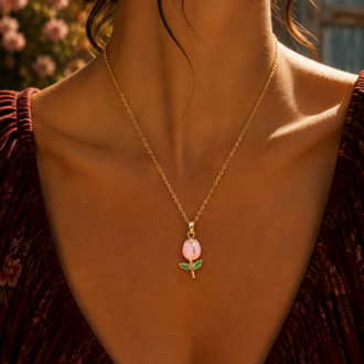 LOUFREN — Pembe Lale Motifli Altın Renk Kolye & Küpe Seti