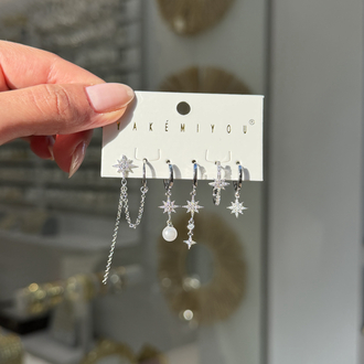 İthal 6lı Pearl PoleStar Set Küpe | Silver