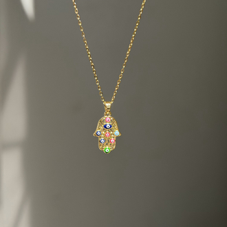 Çelik Renkli Etnik Hamsa Kolye | Gold