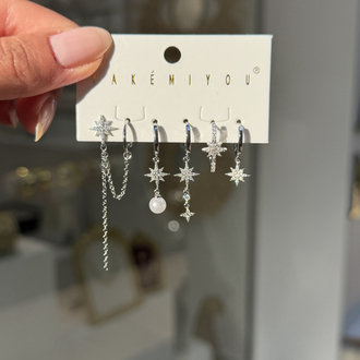 İthal 6lı Pearl PoleStar Set Küpe | Silver