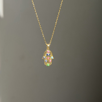 Çelik Renkli Etnik Hamsa Kolye | Gold