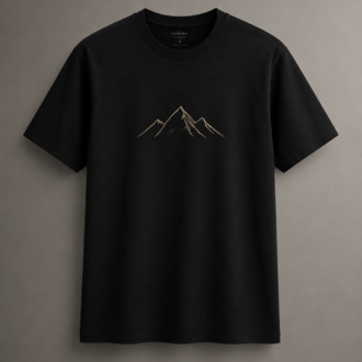 Lumora Oversize Unisex Baskılı Tişört - Summit Minimal Dağ Tasarımı - Siyah