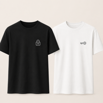 Lumora Couple Collection Oversize Unisex Çift Tişörtü - Anahtar & Kilit Tasarım - Siyah & Be