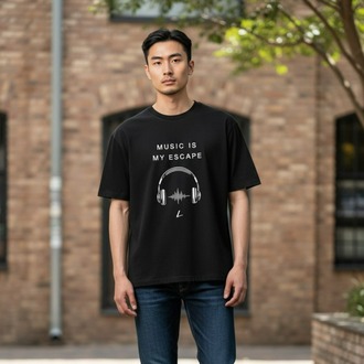 Lumora Oversize Unisex Müzik Temalı Baskılı Tişört %100 Pamuk Streetwear – Music Is My Escap