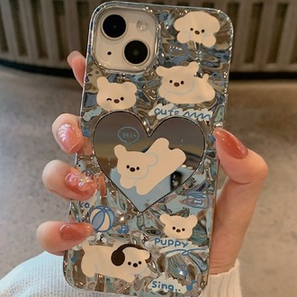 Su Dalgası Kalpli Ayna Gümüş Kaplama Kedi Köpek Ekranı İphone 15