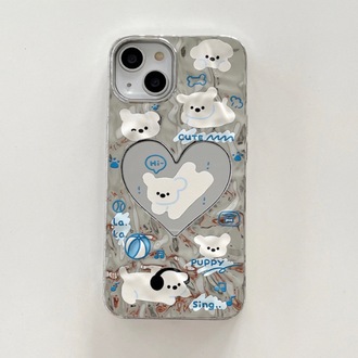 Su Dalgası Kalpli Ayna Gümüş Kaplama Kedi Köpek Ekranı İphone 15