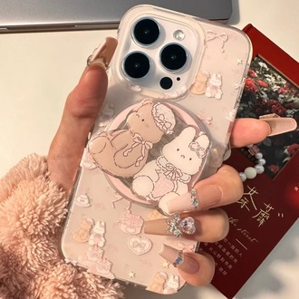 Çift Katmanlı Manyetik, Çiçek Desenli Ayıcık ve Tavşanlı, iPhone 15