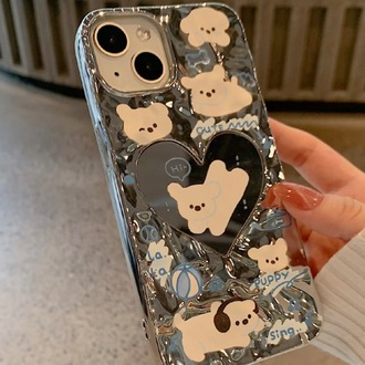 Su Dalgası Kalpli Ayna Gümüş Kaplama Kedi Köpek Ekranı İphone 15
