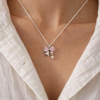 Fiyonk Kolye Pembe Kalp Taşlı Zirkon Detaylı Şık Minimal Hediye