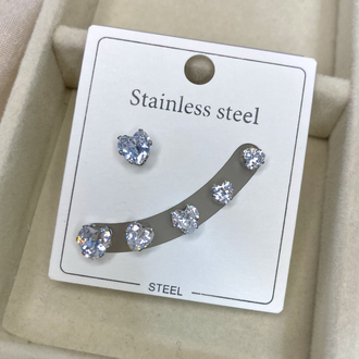 Çelik Silver Kalpli Taşlı Küpe Seti