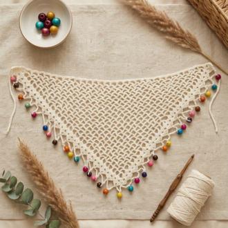 Crochet Boncuklu Bandana Beyaz