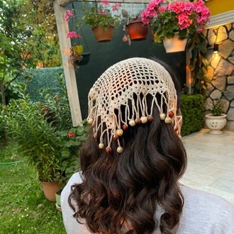 Crochet Boncuklu Bandana Krem