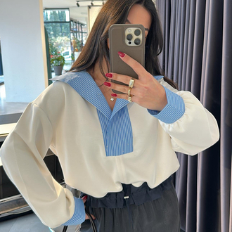 Ekru-Mavi Yakası Ve Bilekleri Çizgili Taş Baskılı Alttan Büzgü Detaylı SweatShirt