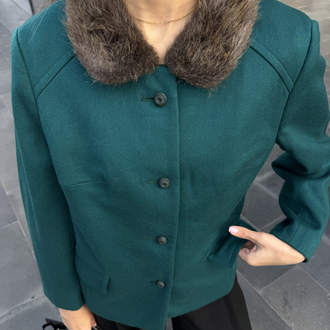 Made in Italy Yakası Kürklü %100 Saf Yün Kaşe Petrol Mavisi/Turkuaz Blazer 