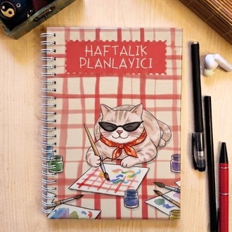 Artist Cat Haftalık Planlayıcılı Not Defteri - Modern Tasarım, Sert Kapaklı