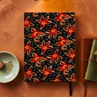 Kırmızı Çiçekli - Flanel Kumaş Ciltli El Yapımı Defter
