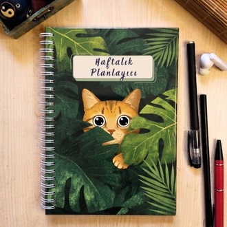 Ginger Cat Haftalık Planlayıcılı Not Defteri - Modern Tasarım, Sert Kapaklı