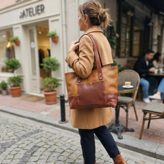 Macell Atelier | El Yapımı Hakiki Deri Tote Çanta - Kahve Taba (Çift Renk)